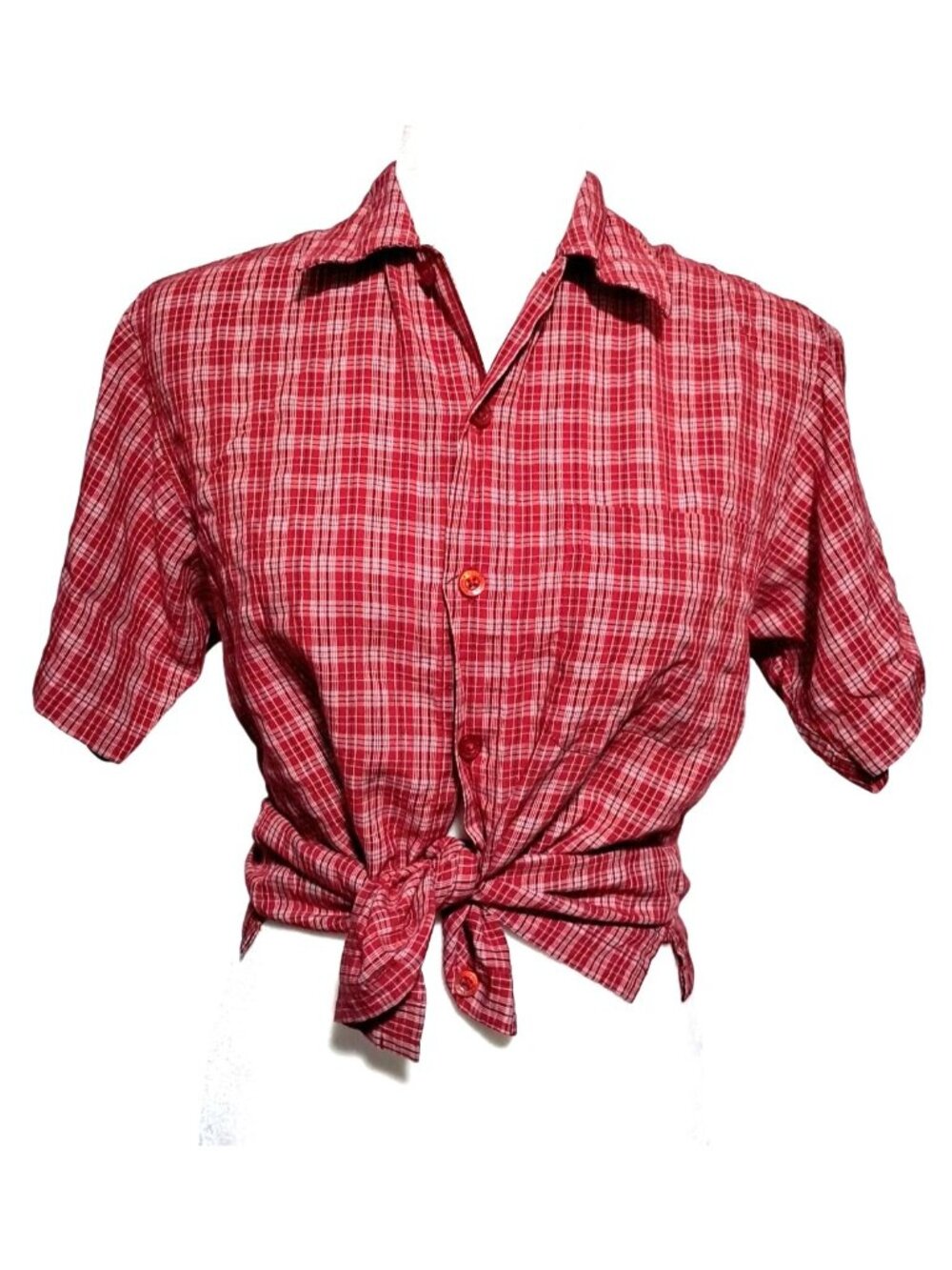 Pineapple Connection Button Up Shirt Women Small Red Plaid Short‎ Sleeve Rayon
